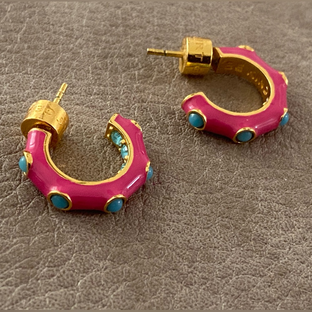 Kurt Geiger Gold and Fuchsia Enamel Huggie Hoop Earrings Turquoise Accents NWOT